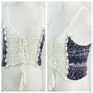 LF Rumor Crochet Lace Front Tank Top Size S Cream Navy Fairy Whimsical Festival